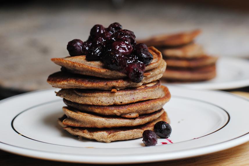 Cornmeal Silver Dollar Pancakes with Blueberry Sauce