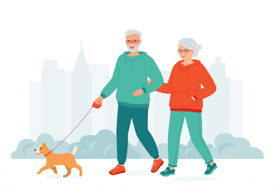 Illustration of couple walking dog