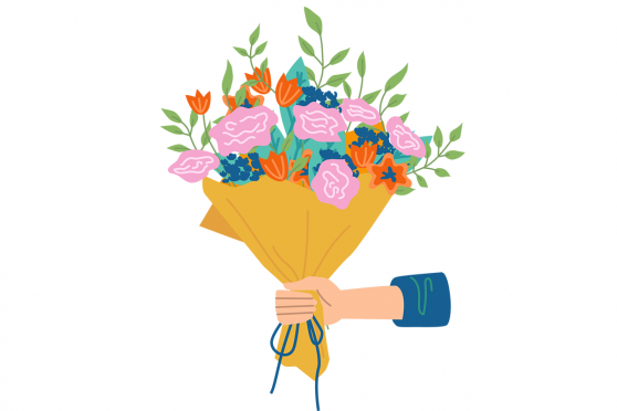 Illustration of hand holding a bouquet of flowers